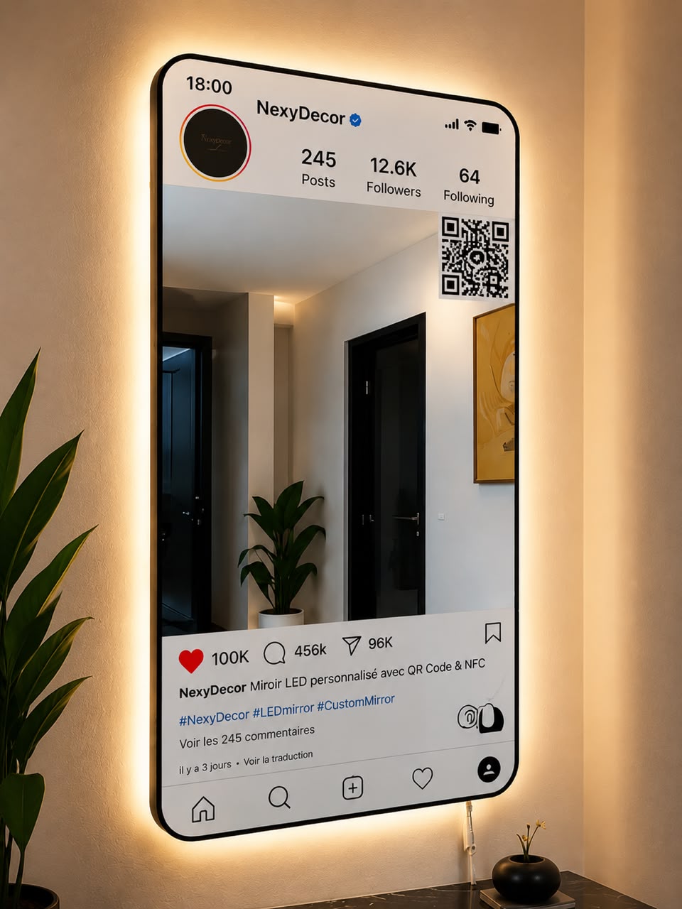 Miroir LED Instagram personnalisé | QR Code & NFC | NexyDecor